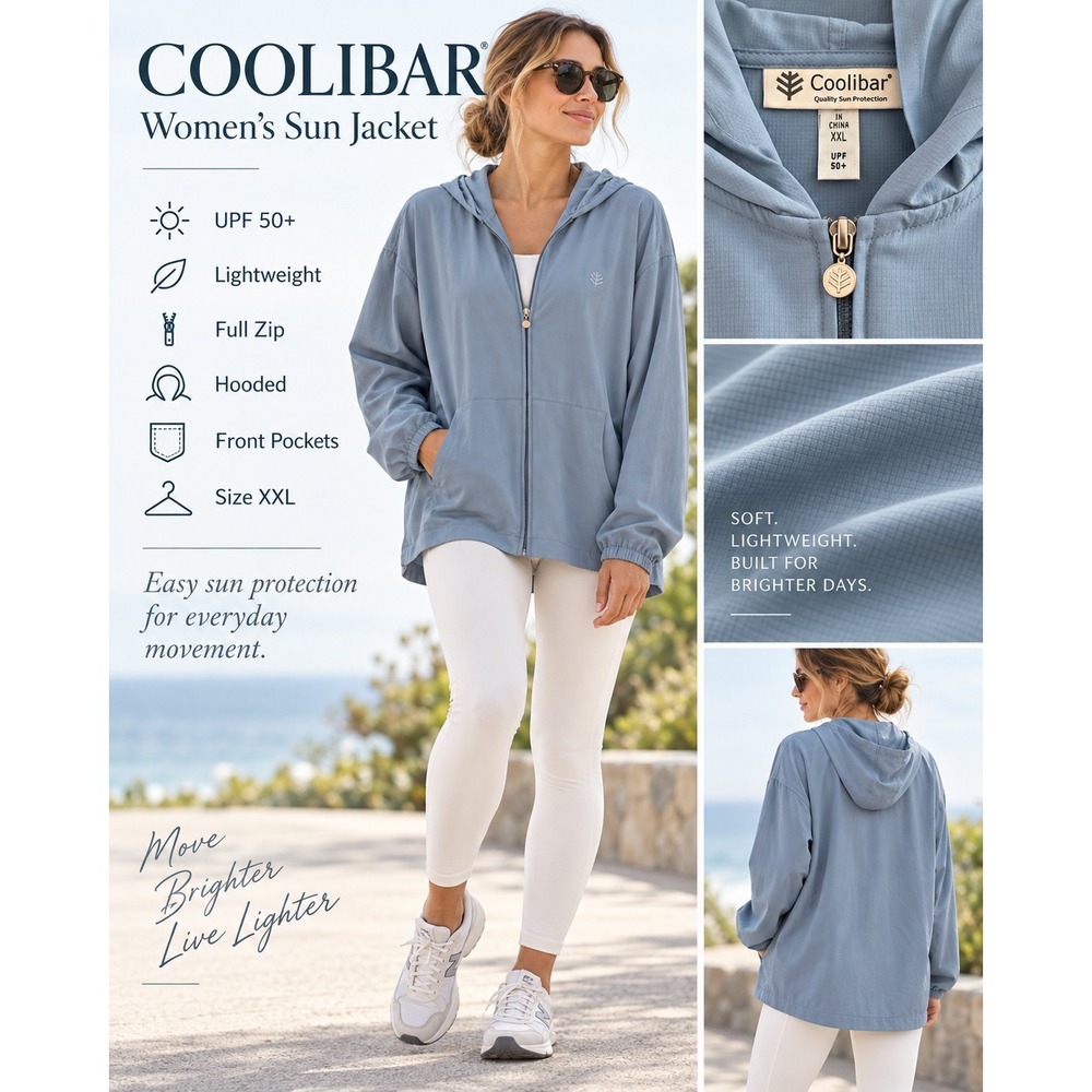 Coolibar XXL Blue UPF 50+ Full Zip Hooded Sun Mesh Vented Jacket Lightweight